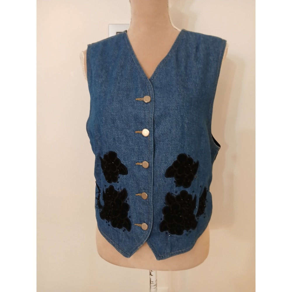Vtg Lizwear Large Petite Denim Vest Blue Black Velvet Floral Beaded Cinch Back